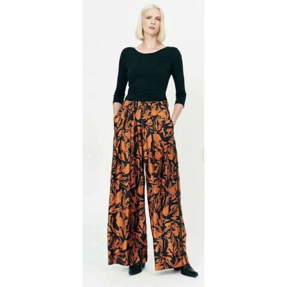 Raquel Allegra $725 100% Silk Wide Leg Painted Abstract Fall Motif Pants